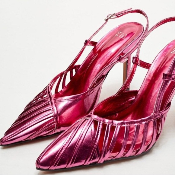 Zara size 39 fuchsia pink metallic strappy stiletto pump slingback heels - Picture 4 of 7